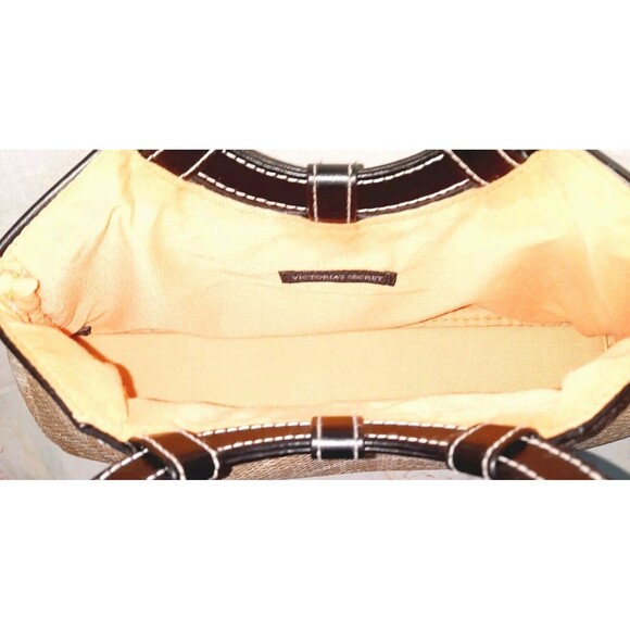 Vintage 90s Victoria's Secret Tan Plaid Straw Purse Bag Faux Leather Handle EUC - Picture 3 of 3